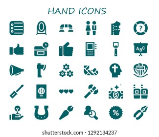  hand icon set. 30 filled hand icons. Simple modern icons about  - Reminder, Mirror, Push up, Partners, Pattern design, Help, Thumb up, Anti age, Thumbs up, Dictaphone, Bottle opener