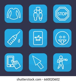 Hand icon. set of 9 outline hand icons such as poker on phone, finger on display, blouse, couple, injection rash, stop, pointer, karate
