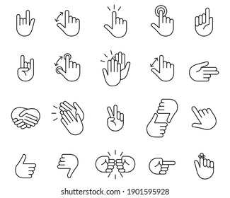 Hand icon set. Clapping hands and other gestures,  Brofisting gesture. Thin line art icons set.Black vector symbols isolated on white.