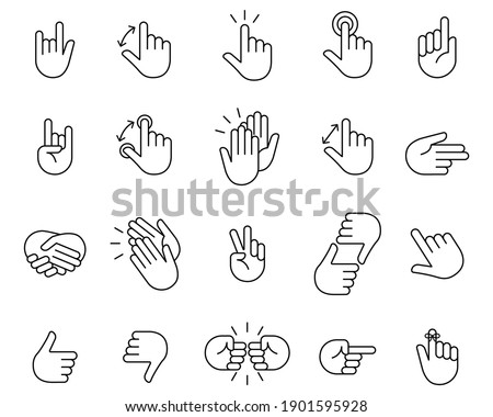 Hand icon set. Clapping hands and other gestures,  Brofisting gesture. Thin line art icons set.Black vector symbols isolated on white.