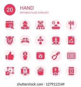 hand icon set. Collection of 20 filled hand icons included Website, Worker, Robot, Conveyor, Axe, Alien, Friends, Seed, Ship, Ecologism, Like, Growth, Infected, Nail clippers