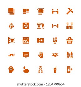 hand icon set. Collection of 25 filled hand icons included Remote control, Walkie talkie, Eyelashes curler, WASHING HANDS, Peace, Friendship, Handshake, Blood donation, Blackboard