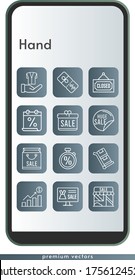 hand icon set. included calendar, gift, online shop, shopping bag, profits, sale, shop, jacket, discount, closed, stopwatch, trolley icons on phone design background . linear styles.