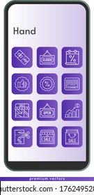 hand icon set. included calendar, shopping bag, profits, shop, like, voucher, discount, closed, barcode, open icons on phone design background . linear styles.