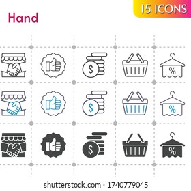 hand icon set. included handshake, money, like, towel, shopping-basket, shopping basket icons on white background. linear, bicolor, filled styles.