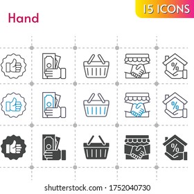 hand icon set. included handshake, mortgage, money, like, shopping-basket, shopping basket icons on white background. linear, bicolor, filled styles.