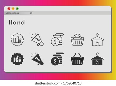 hand icon set. included megaphone, money, like, towel, shopping-basket, shopping basket icons on white background. linear, filled styles.