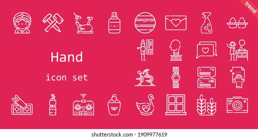 hand icon set. line icon style. hand related icons such as cleaning, eggs, hammer, remote control, sink, swan, stationary bike, saw, sculpture, seer, bottle, correction fluid, photo camera, venus