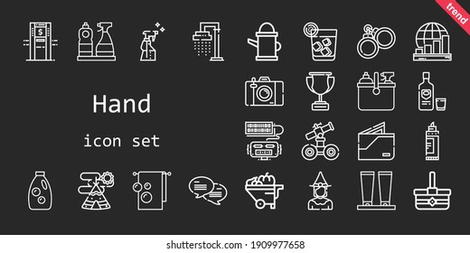 hand icon set. line icon style. hand related icons such as cleaning, basket, wheelbarrow, shower, profits, wallet, spray, handcuffs, cream, photo camera, robot, detergent, vodka, towel, marker