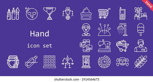 hand icon set. line icon style. hand related icons such as wheelbarrow, needles, shower, poison, sewing machine, cream, bottle, phone box, clock, branch, boy, tools, trolley, robot, ice cream