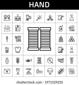 hand icon set. line icon style. hand related icons such as needles, russian banya, industry, phone box, body, branch, robot, detergent, literature, ice cream, cellphone, window cleaner