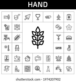 hand icon set. line icon style. hand related icons such as cursor, love, boy, branch, hand mirror, axe, robot, vodka, ice cream, tic tac toe, wheat, starfish, trophy, massage