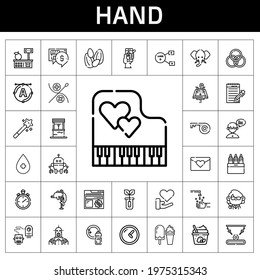 hand icon set. line icon style. hand related icons such as love, robot, piano, ice cream, teacher, love letter, sewing, hand wash, industrial robot, key, alcohol, dolphin