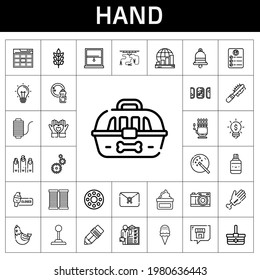 hand icon set. line icon style. hand related icons such as basket, idea, correction fluid, photo camera, skills, hen, cage, ice cream, web, pen, wheat, industrial robot, hand