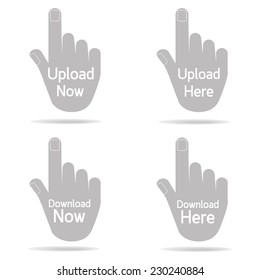 hand icon set on white background : download now : download here : upload now : upload here
