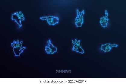 Hand icon set. Starry hands, neon blue outline design with stars and sparkles. Symbols of hands, gestures, communication.