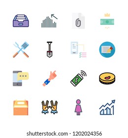 hand icon set. vector set about takeaway, phone, bar chart and woman icons set.