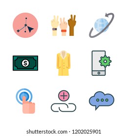 hand icon set. vector set about smartphone, chat, trench coat and peace icons set.