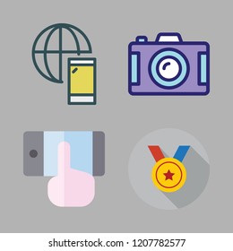 hand icon set. vector set about smartphone, medal and photo camera icons set.