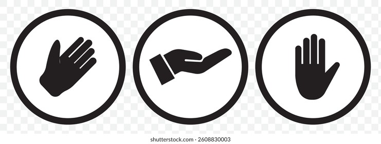 Hand icon set. Vector illustration. Silhouettes of human open palm vector set isolated on Transparent background. EPS 10.