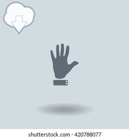 Hand icon with shadow. Cloud of download with arrow.