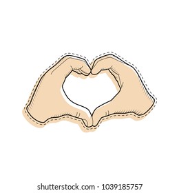 Hand icon in sketch style. Vector hand icon showing a love heart gesture. Vintage heart hand sign illustration isolated on white.