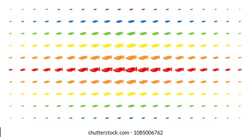 Hand icon spectral halftone pattern. Vector hand shapes are organized into halftone array with vertical spectrum gradient. Constructed for backgrounds, covers, templates and abstraction effects.