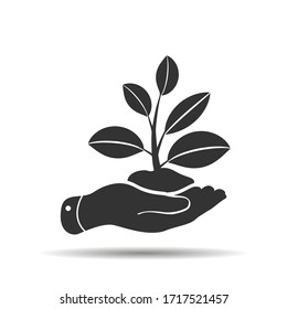 hand icon that takes care of plant sprouting from ground. concept of caring for nature. leaves in palm of your arm. Symbol of ecology, environmental awareness, nature protection concept. 