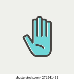 Hand icon thin line for web and mobile, modern minimalistic flat design. Vector icon with dark grey outline and offset colour on light grey background.