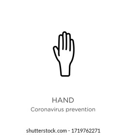  Icono de mano. Icono de contorno lineal delgado aislado en fondo blanco de la colección Coronavirus Prevention. Signo vectorial de línea moderna, símbolo, trazo para web y móvil