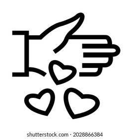 Hand icon throwing three love icon elements, line drawing style, black and white color.