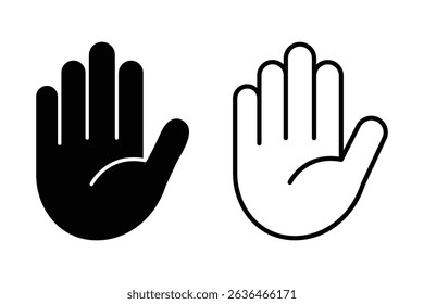 Vector del icono de la mano. Icono de la mano en blanco y negro. Detenga la señal de gesto. Símbolo de la palma. Ilustración vectorial de mano humana.