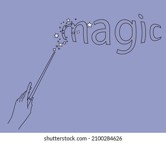 Hand icon with a wand and the word "magic" on a purple background. For logos and banners. Abstraction. Vector  flat illustration.