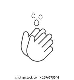 Hand icon washing with water drops outline. Prevention against viruses, bacteria, flu, Coronavirus. Clean hands flat vector illustration isolated on white. 