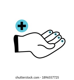 Hand icon. Hand with water drop symbol. Prevention against viruses  bacteria, flu, coronavirus. Concept of hygienic, hygiene, disinfection. Vector illustration. Flat design