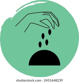 Hand icon. which throws grains into the soil in line art style on a green background. Vector. Isolated on white
