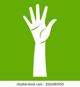 Hand icon white isolated on green background. Vector illustration