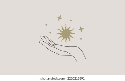 Hand icon. Woman simple line hand with vintage sun and stars. Beauty, Magic logo design. Vector illustration