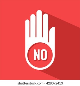 Hand icon with the word NO. Red stop sign. Vector flat illustration with long shadow