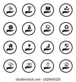 Hand Icons. Black Flat Design In Circle. Vector Illustration.