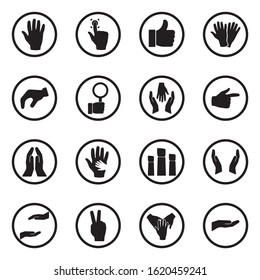 Hand Icons. Black Flat Design In Circle. Vector Illustration.