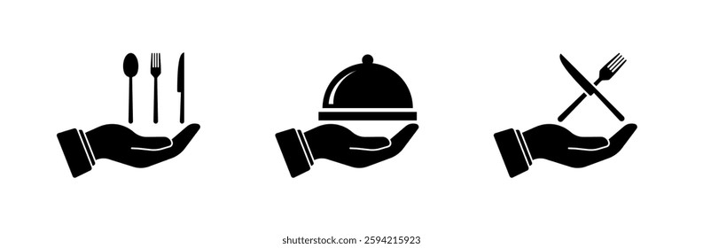 Hand icons with cutlery and cloche: black and white hospitality symbols. Vector icon