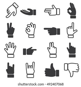 Iconos de mano en diferentes posiciones. Conjunto de vectores
