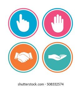 Hand icons. Handshake and click here symbols.