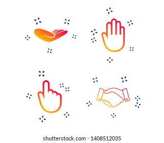 Hand icons. Handshake successful business symbol. Click here press sign. Human helping donation hand. Random dynamic shapes. Gradient handshake icon. Vector