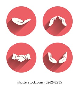 Hand icons. Handshake successful business symbol. Insurance protection sign. Human helping donation hand. Prayer meditation hands. Pink circles flat buttons with shadow. Vector