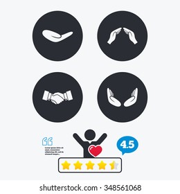 Hand icons. Handshake successful business symbol. Insurance protection sign. Human helping donation hand. Prayer meditation hands. Star vote ranking. Client like and think bubble. Quotes with message.
