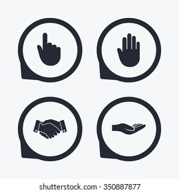 Hand icons. Handshake successful business symbol. Click here press sign. Human helping donation hand. Flat icon pointers.