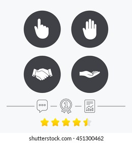 Hand Icons. Handshake Successful Business Symbol. Click Here Press Sign. Human Helping Donation Hand. Chat, Award Medal And Report Linear Icons. Star Vote Ranking. Vector