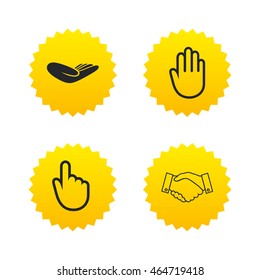 Hand icons. Handshake successful business symbol. Click here press sign. Human helping donation hand. Yellow stars labels with flat icons. Vector